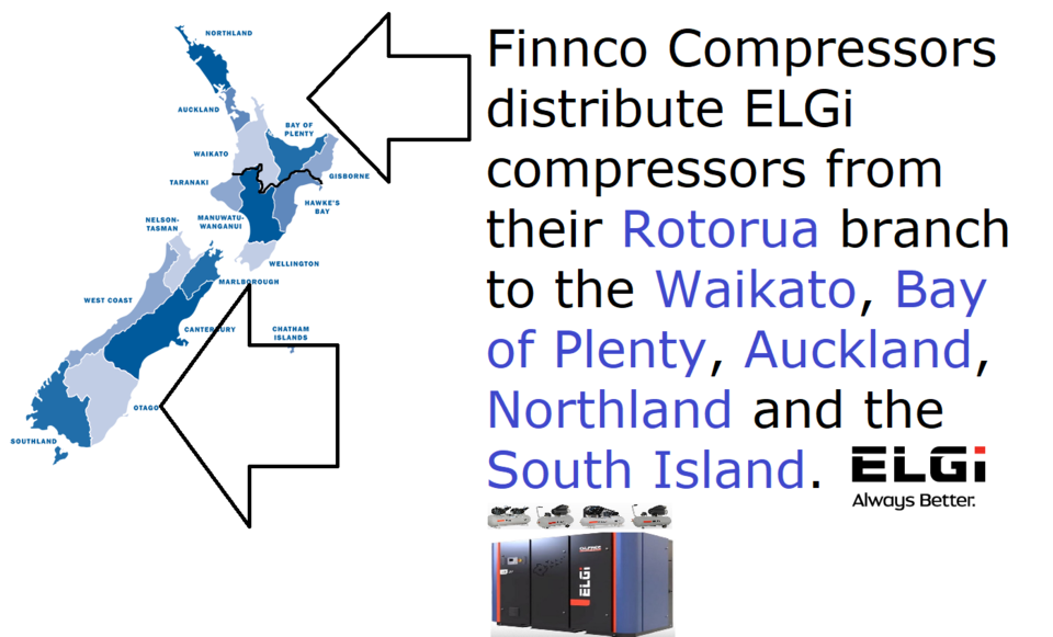 Finnco Compressors can provide ELGi compressors to Rotorua, Waikato, Bay of Plenty, Auckland, Northland and the South Island.